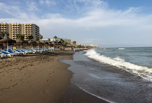 Torremolinos, Spain - September 15, 2023: La Carihuela beach in Torremolinos, Malaga, Costa del Sol, Spain