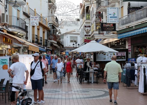 Torremolinos, Spain - September 9, 2023: View of a tourist shopping street inTorremolinos, Costa del Sol, Malaga Province, Spain