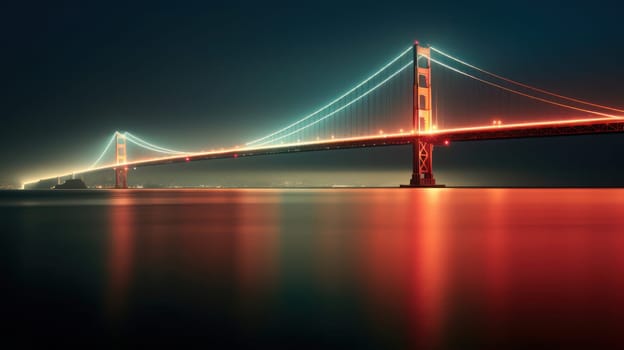 Suspended cable-stayed bridge with bright illumination. Generative AI image