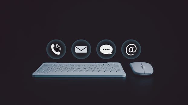 Website page, contact us or email marketing concept, customer support hotline, contact us. Businesswoman sitting and working on computer. Email, phone, address, chat message icon.