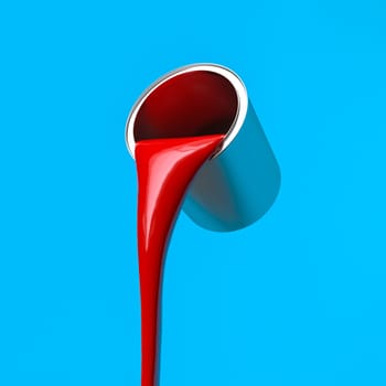 red paint poured from a metal can, blue background. 3d render