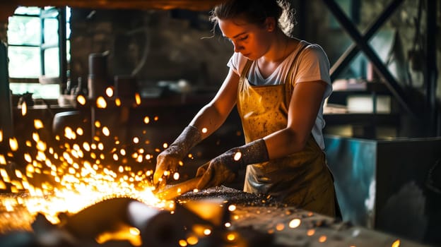 young woman blacksmith engaged in metallurgical work. generated with ai