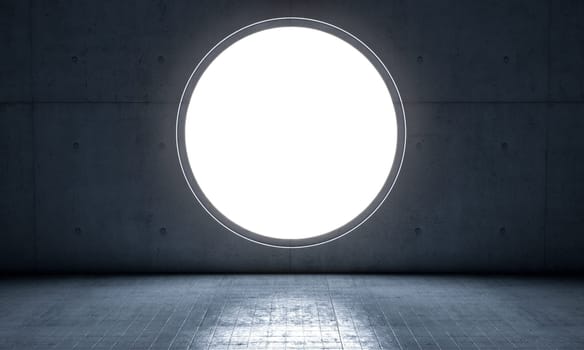 circular window in concrete wall, interior, nobody. 3d render