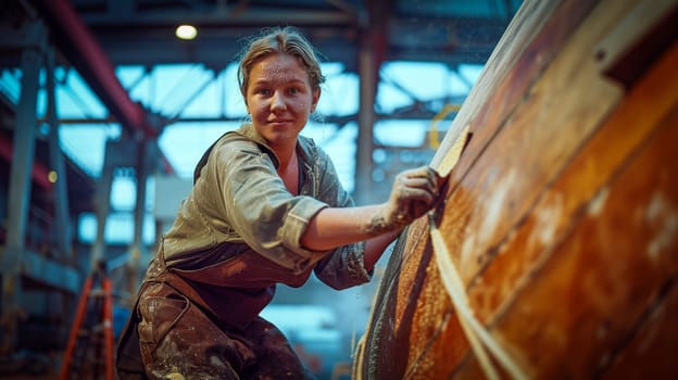 young woman works on the hull of a ship. generated by ai