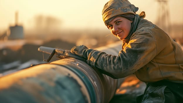 metalworker woman works on a large metal tube. generated by ai