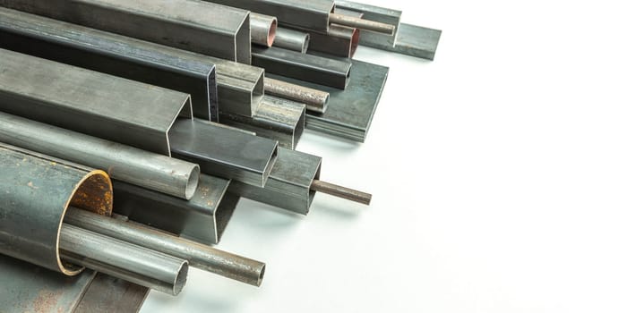 real metal profiles pipes of different shapes and sizes