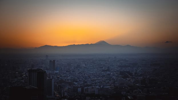 view of Tokyo city and Mount Fuji at sunset