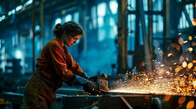 woman at work in a metal factory with a grinder. generated by ai