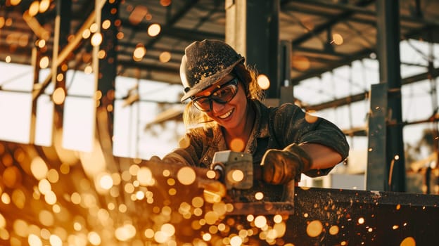 woman metalworker uses a grinder on a piece of iron. generated by ai