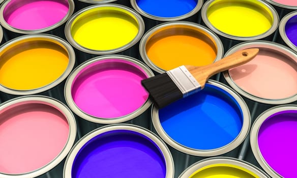 cans of coloured paint and brush. 3d render background