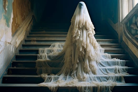 Inside of old creepy abandoned mansion. Silhouette of ghost standing on castle stairs. AI generated