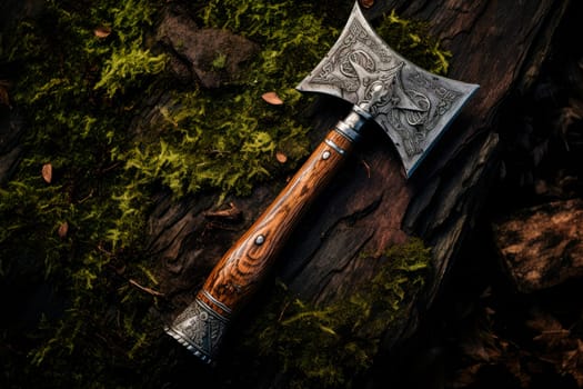 Antique medieval old axe with wooden handle on a mossy trunk. AI generated
