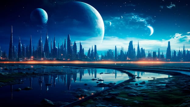 Landscape  of the futuristic city on alien planet. AI generated