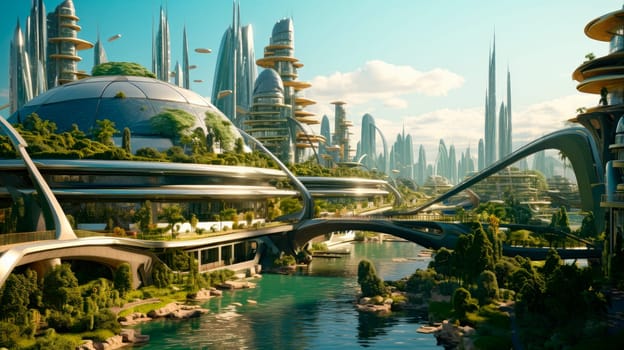 Futuristic city landscape.The concept of the future. Science fiction, other worlds, alien civilization. AI generated