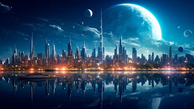 Landscape  of the futuristic city on alien planet. Science fiction, other worlds, alien civilization. AI generated