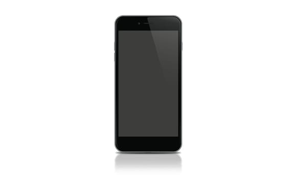 A vertically standing black smartphone with a black blank screen and a metal gray frame on a white background
