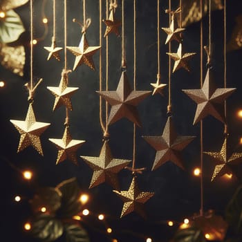 The image features golden star ornaments hanging against a dark, festive background with soft lighting. It has a celebratory mood and is perfect for holiday-themed designs
