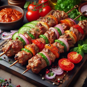 Grilled meat skewers with vegetables on a wooden board. Appetizing meal presentation
