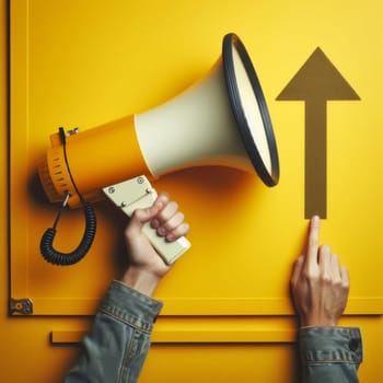 A person holding a megaphone next to an upward arrow on a vibrant yellow background