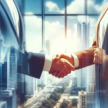 A business handshake in a bright office with a cityscape view. The handshake symbolizes corporate partnership and success
