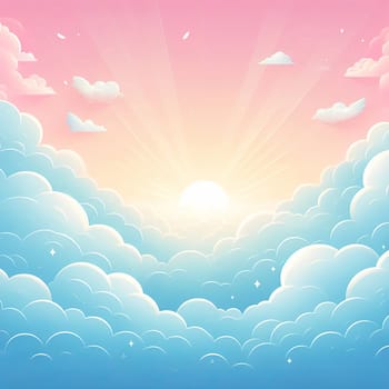 A serene and dreamy sunrise with fluffy clouds and warm light rays