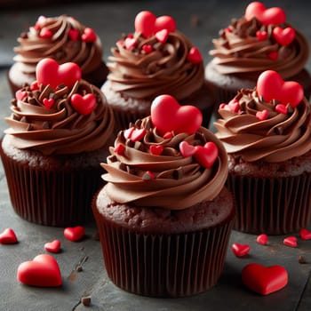 The image showcases chocolate cupcakes with chocolate frosting and red heart-shaped sprinkles. Perfect for Valentine s Day or any romantic occasion