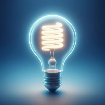 A glowing energy-saving light bulb against a gradient blue background. The bulb emits a bright white light and has a spiral filament