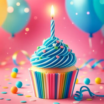 A vibrant and colorful scene of a birthday celebration. The cupcake sits in a rainbow-colored wrapper adding to the overall colorfulness of the scene