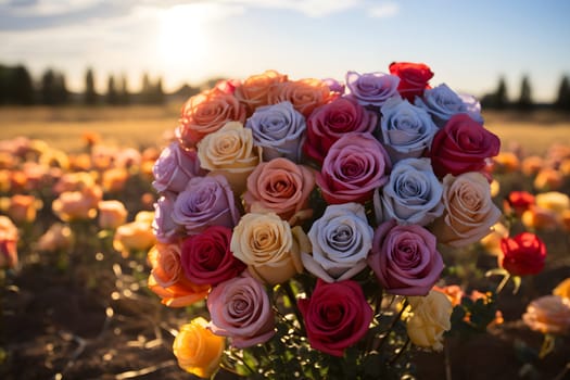 Digital painting of a beautiful rose that stands out in the middle of blurred rose garden. White clouds float and sunlight falls beautifully. Suitable for use as greeting cards for various occasions.