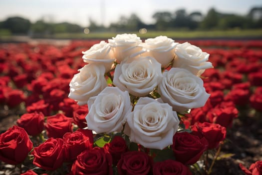 Digital painting of a beautiful rose that stands out in the middle of blurred rose garden. White clouds float and sunlight falls beautifully. Suitable for use as greeting cards for various occasions.