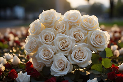 Digital painting of a beautiful rose that stands out in the middle of blurred rose garden. White clouds float and sunlight falls beautifully. Suitable for use as greeting cards for various occasions.