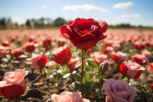 Digital painting of a beautiful rose that stands out in the middle of blurred rose garden. White clouds float and sunlight falls beautifully. Suitable for use as greeting cards for various occasions.