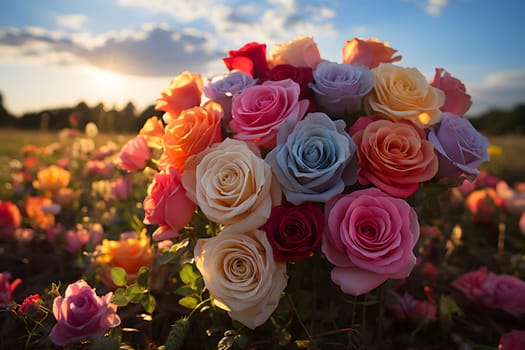 Digital painting of a beautiful rose that stands out in the middle of blurred rose garden. White clouds float and sunlight falls beautifully. Suitable for use as greeting cards for various occasions.