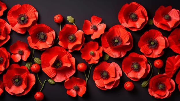 Flowers composition. Border made of  red poppies on a black background.  AI generated