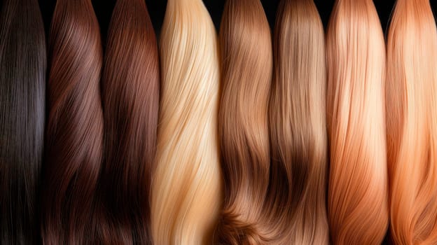Hair extension equipment of natural hair.Hair samples of different colors. AI generated
