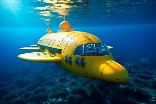 Small yellow submarine on the dive exploring underwater life. AI generated