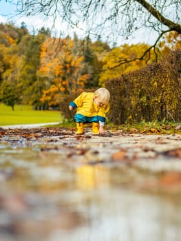 Sun always shines after the rain. Small bond infant boy wearing yellow rubber boots and yellow waterproof raincoat walking in puddles in city park on sunny rainy day