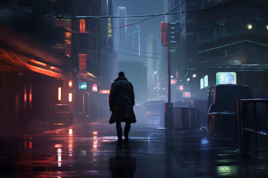 Mysterious Figure Walking Through a Rainy Cyberpunk Cityscape. High quality photo