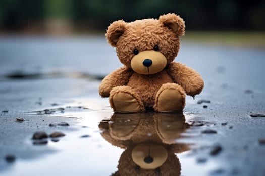 Abandoned Teddy Bear Sitting in a Puddle on a Rainy Day. High quality photo
