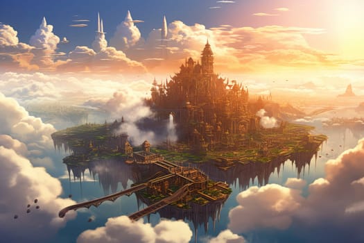 Enchanted Floating Island with Grand Castle Amidst Clouds. High quality photo