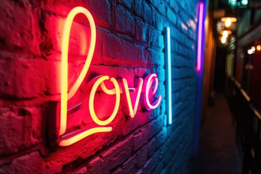 Text Love in neon sign on a wall in a city