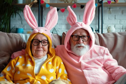 Senior old couple sitting on a couch at home wearing funny easter bunny costume