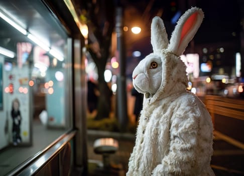 Funny image of a man wearing a easter bunny costume on a street
