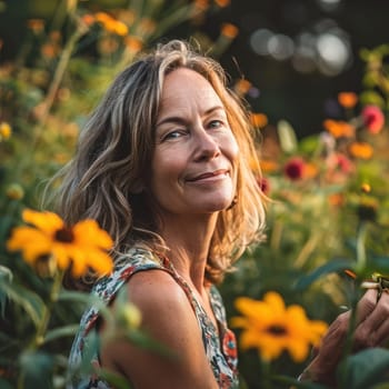 Portrait of a happy middle-aged woman outside in a garden with flowers