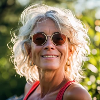 Portrait of a smiling happy middle-aged woman wearing sunglasses outside in nature