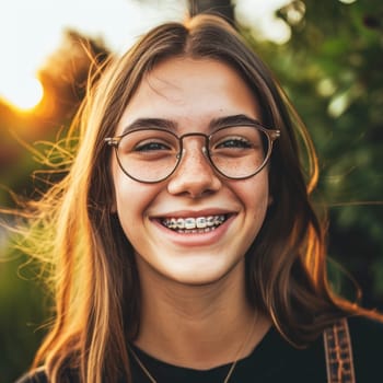 Portrait of a smiling teen girl with braces and glasses