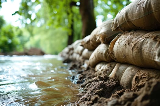 Dam with sandbags on a flodded river, low angle shot