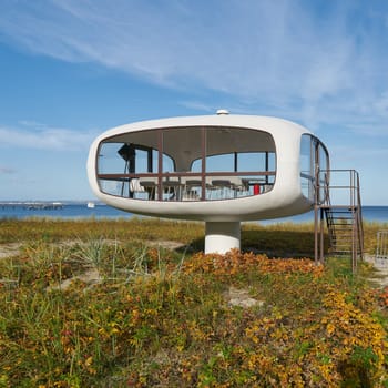 The former rescue tower, today registry office, by architect Ulrich Muether on the beach on the Baltic coast of Binz on the island of Ruegen in Germany