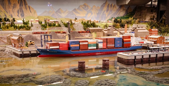 Miniatur Wunderland Hamburg in Germany, cargo ship scandinavia, museum with miniature model construction of the world, 12.12.2023