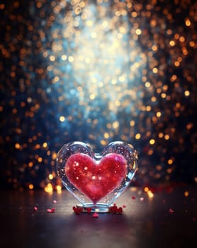 Valentine's day with big red shiny heart on a blurred background with bokeh effect